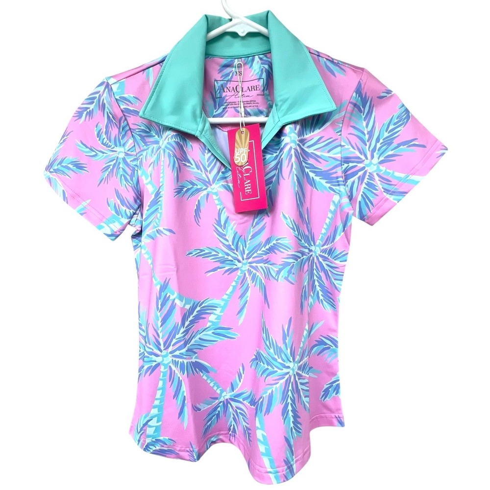 Ana Clare Active UPF 50 Women's Golf Tennis Polo Palm Tree Print Size Ext. Small